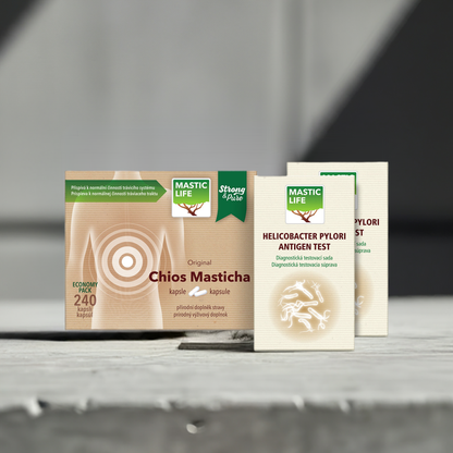 Helicobacter Pylori test v stolici + Masticha (super sada: 2 testy, 240 kapsúl)
