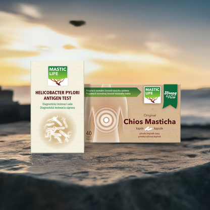 Helicobacter pylori test v stolici+ Masticha (sada: 1 test, 40 kapsúl)