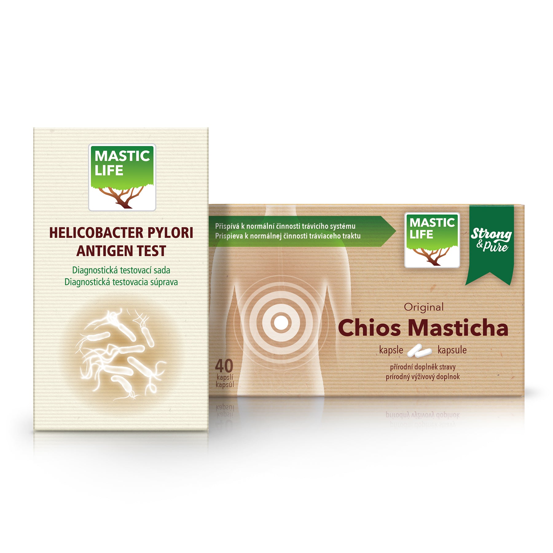 Helicobacter pylori test v stolici+ Masticha (sada: 1 test, 40 kapsúl)