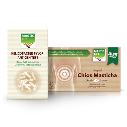 Helicobacter pylori test v stolici+ Masticha (sada: 1 test, 40 kapsúl)