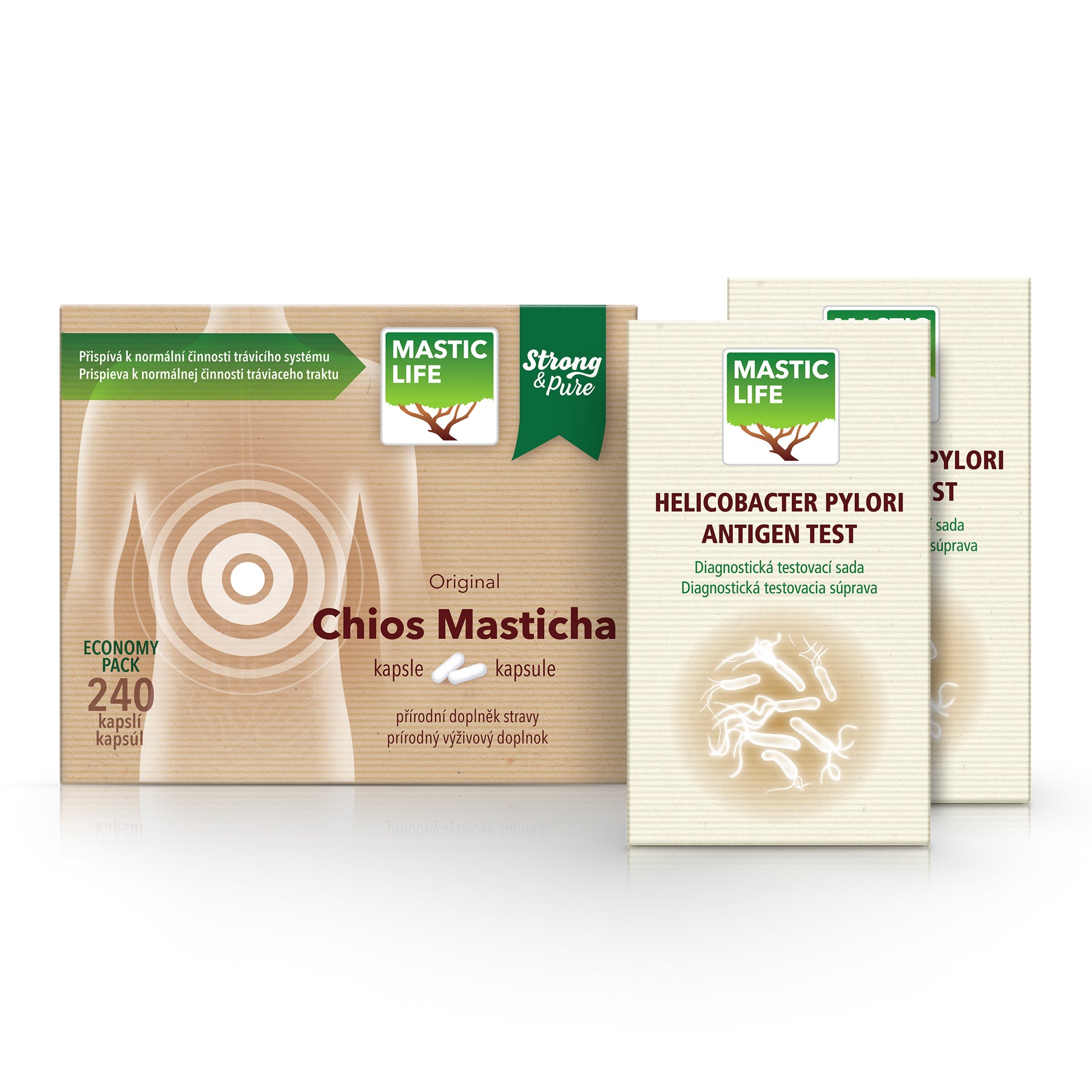Helicobacter Pylori test v stolici + Masticha (super sada: 2 testy, 240 kapsúl)